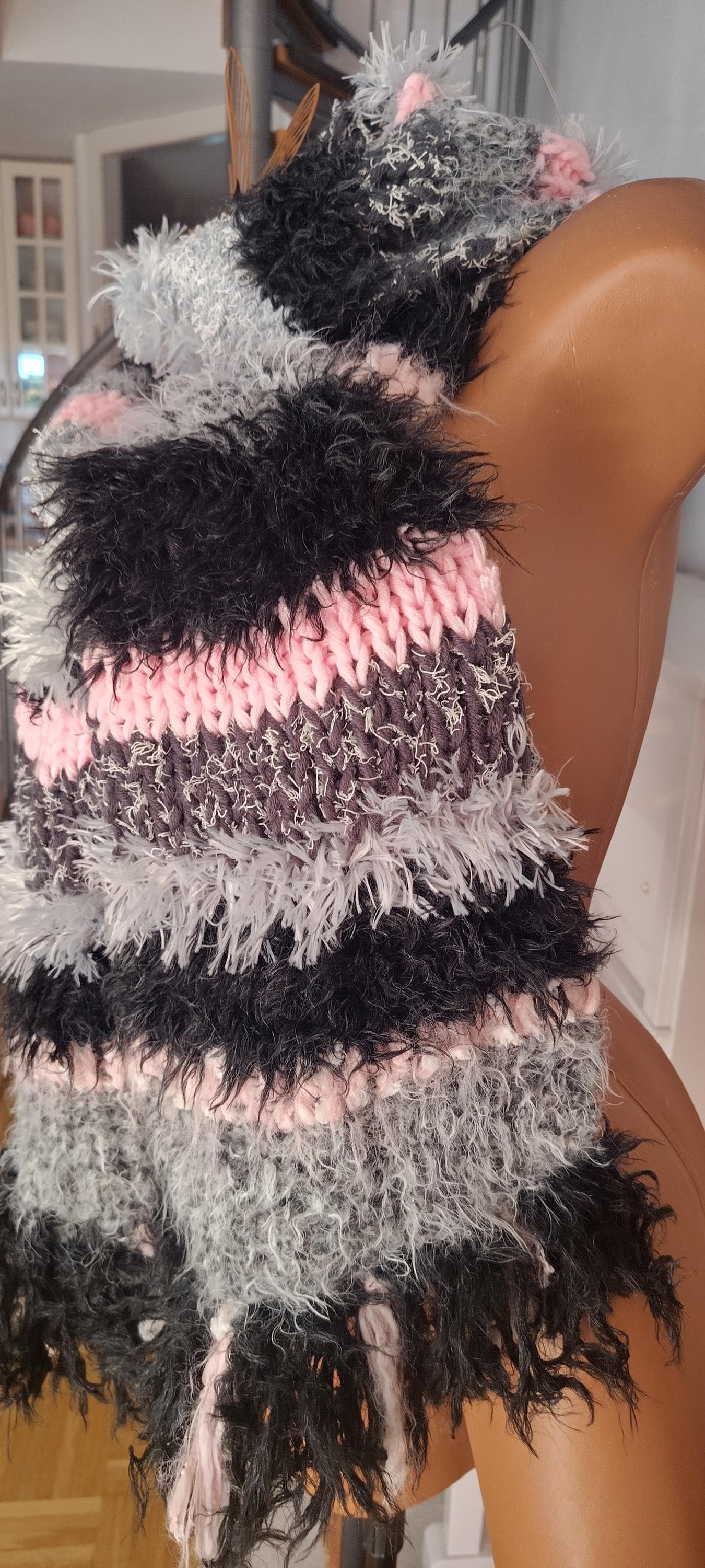 Handmade wool scarf with eyelash yarn