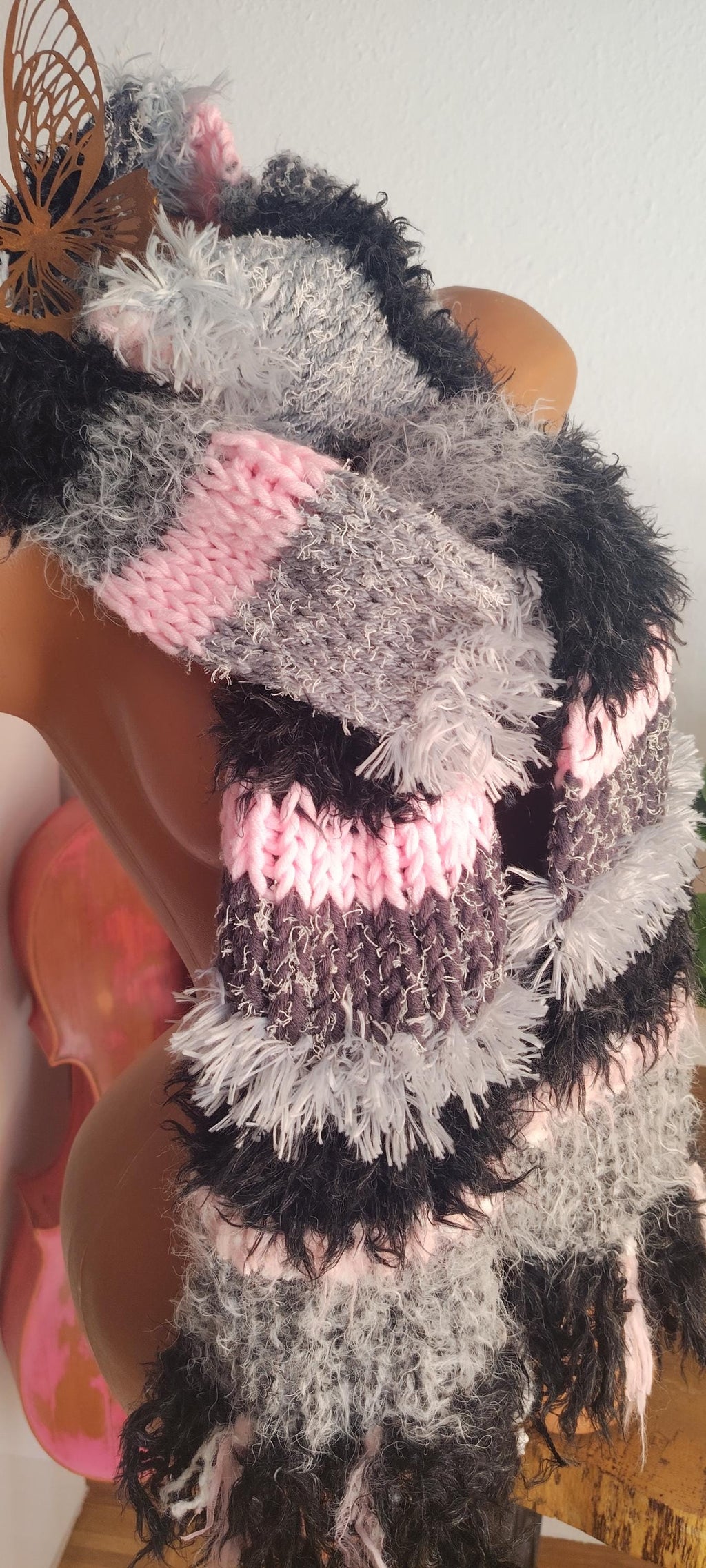 Handmade wool scarf with eyelash yarn
