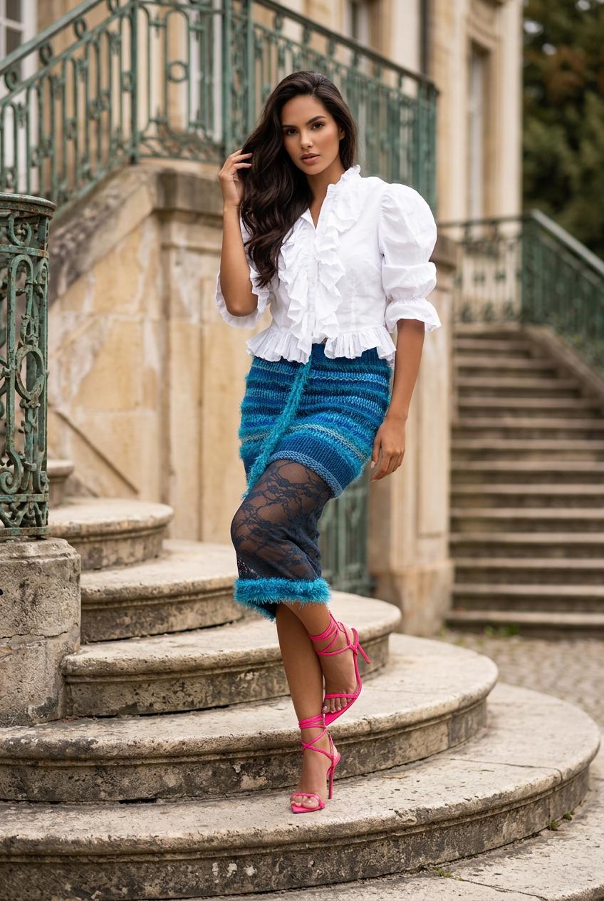 Hand-knitted wool skirt with lace overlay