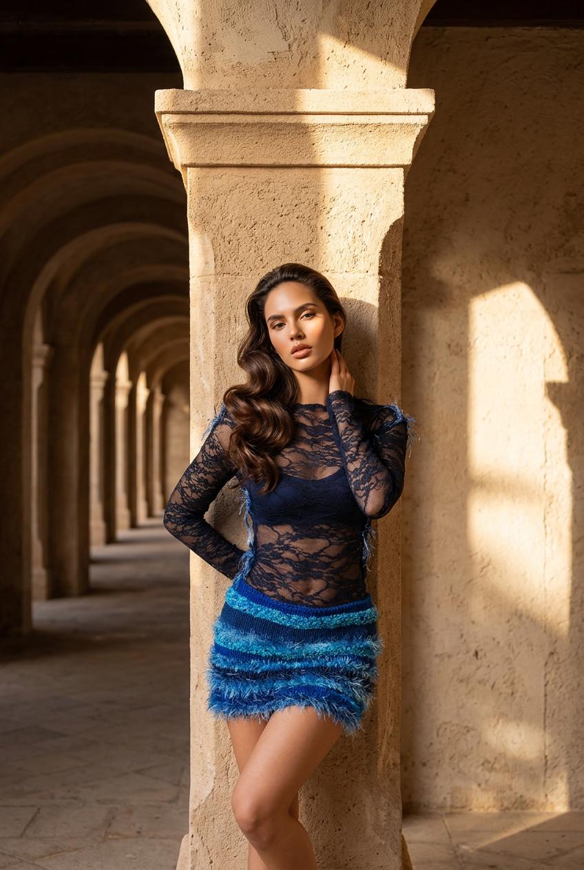 Handmade Blue Knit Lace Mini Dress