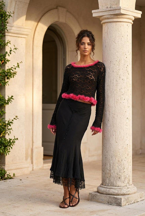 Haut court en crochet de style bohème avec fausse fourrure