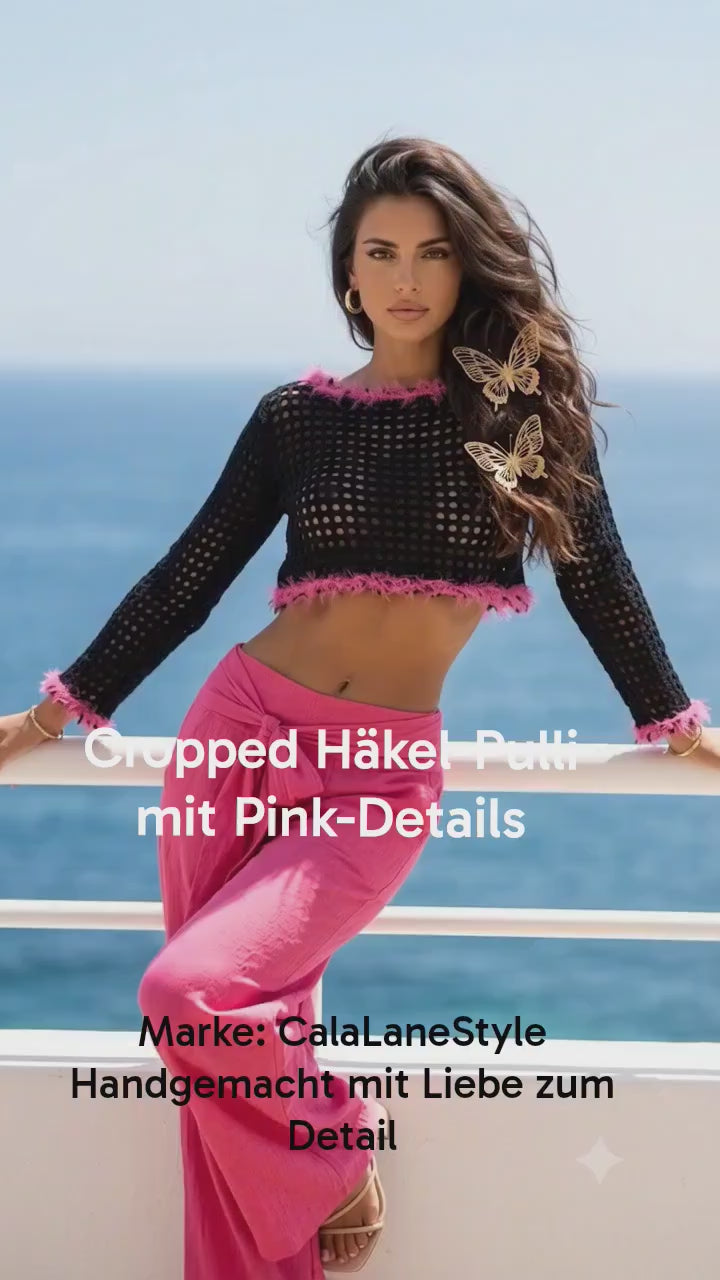 Gehäkelter Crop-Sweater mit Kunstfell-Besatz
