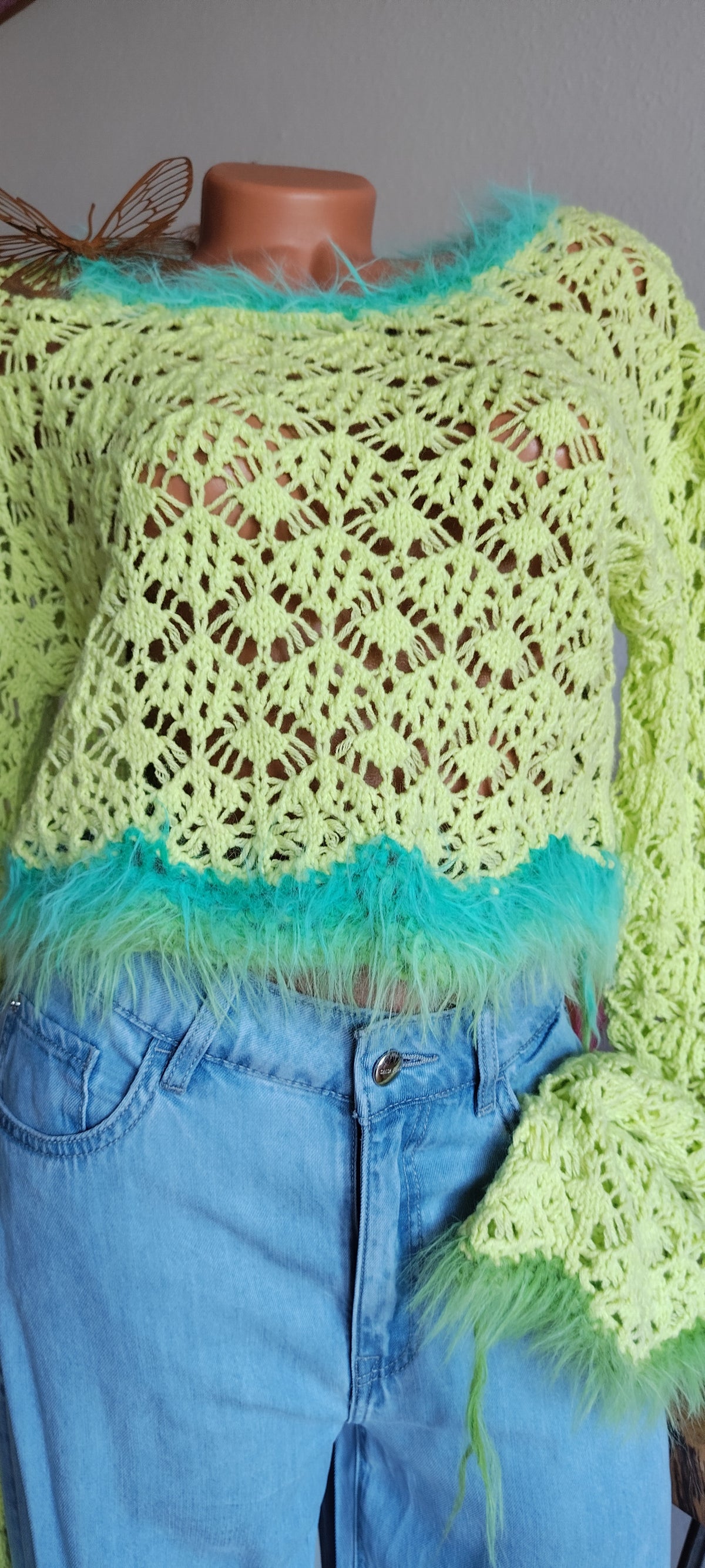 Boho Crochet Crop Top with Faux Fur