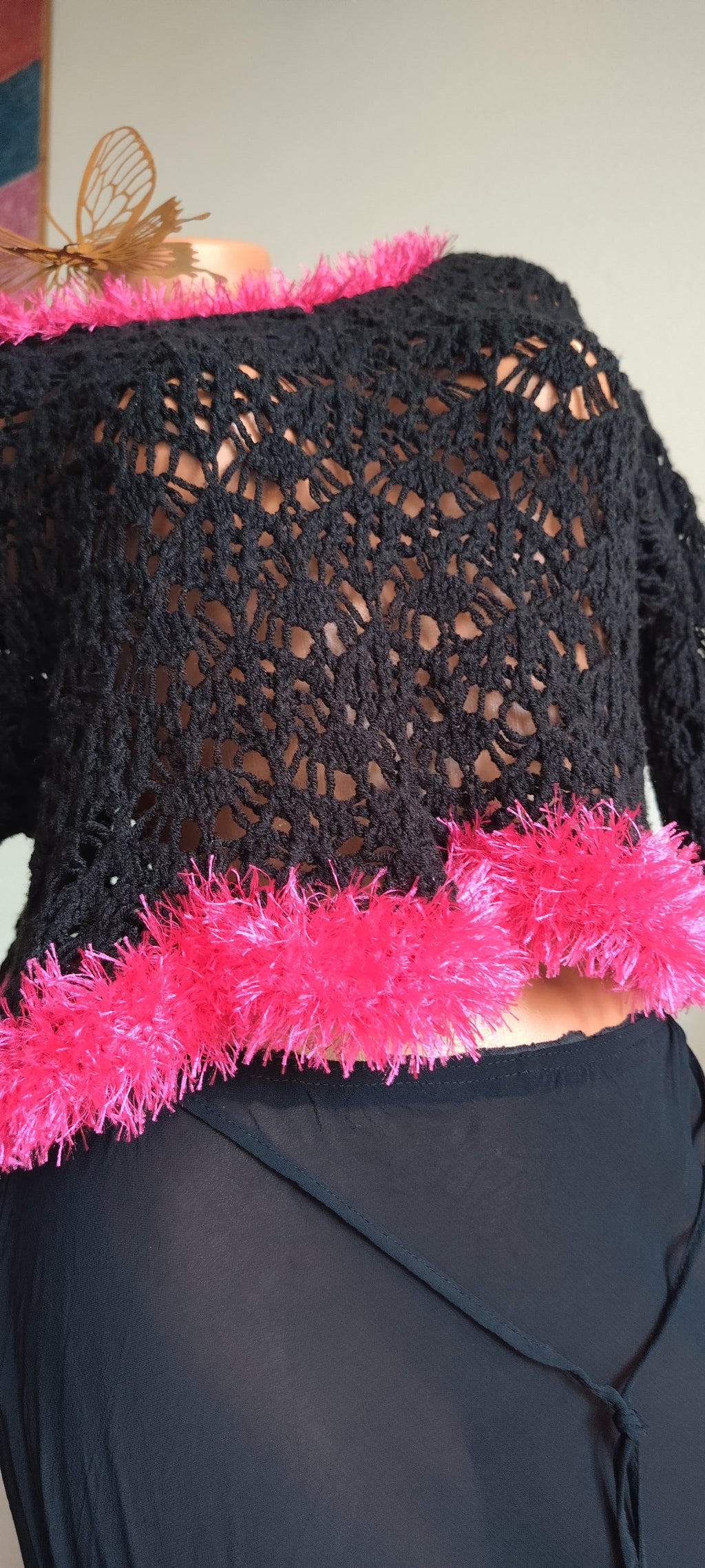 Boho Crochet Crop Top with Faux Fur