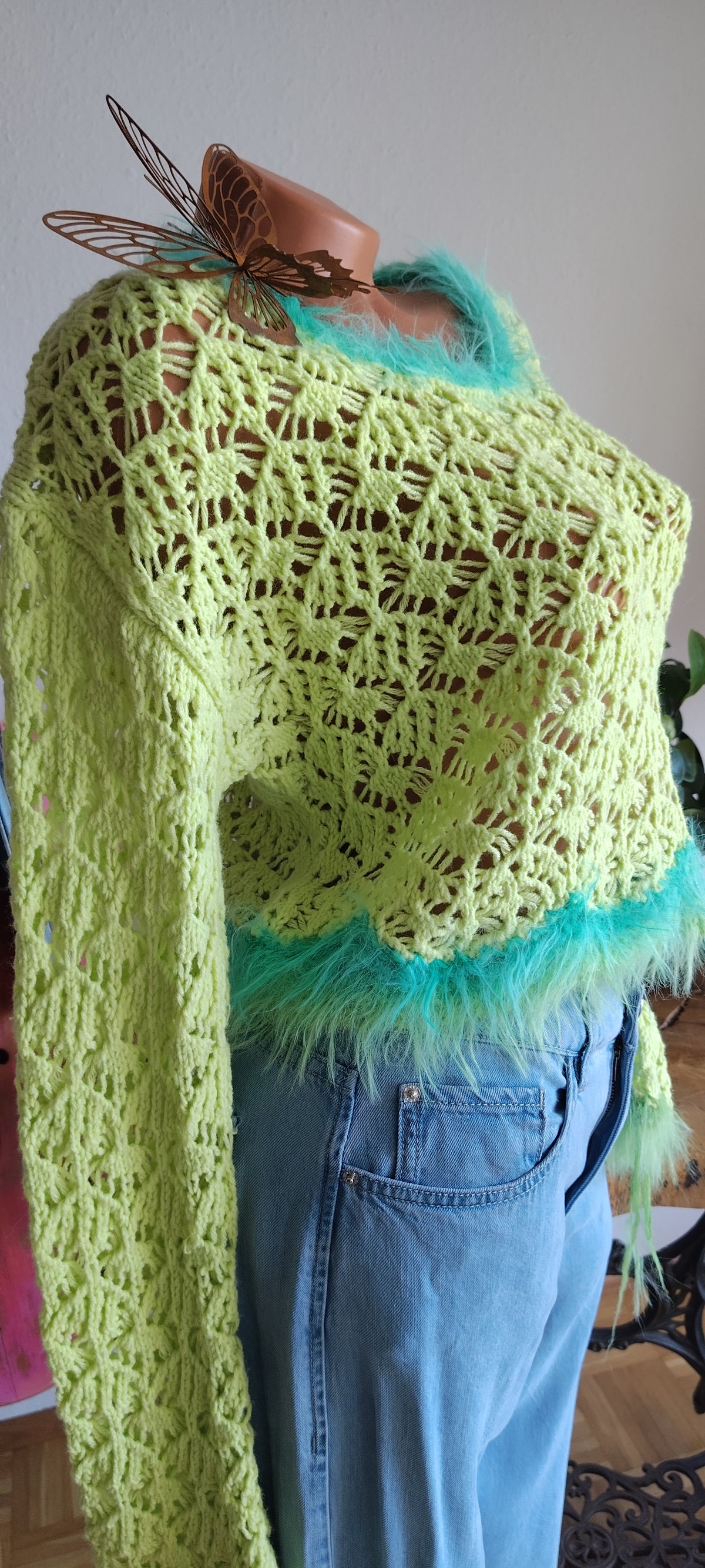 Boho Crochet Crop Top with Faux Fur